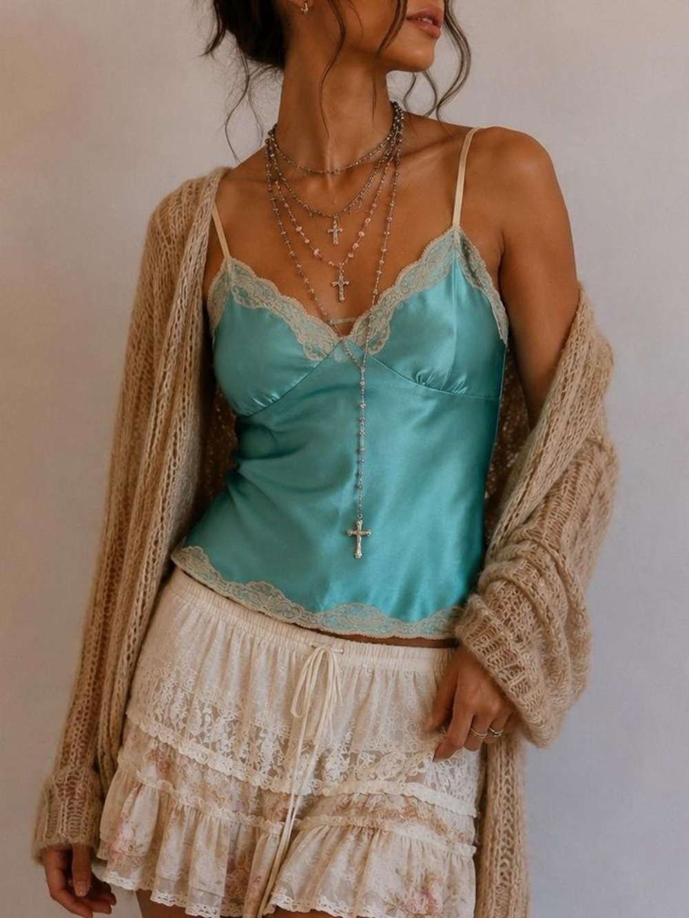 Xhilaration Teal Satin Lace-Trim Cami with Cream Accents